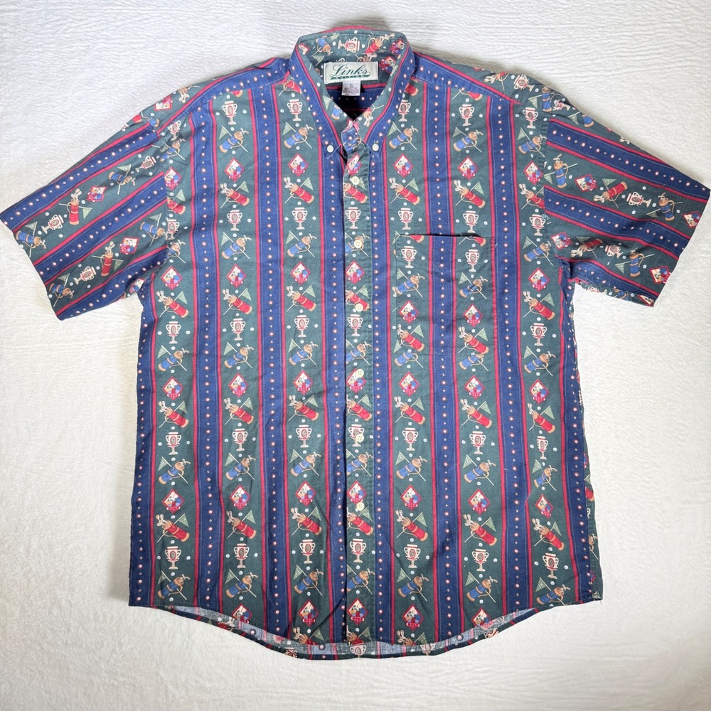 Links Edition Mens Golf Pattern Short Sleeve Button Up Shirt‎ XL 100% Cotton VTG